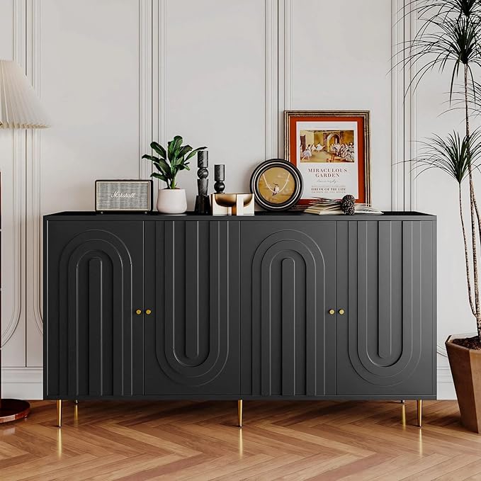 Modern Sideboard Buffet 60" Black Accent Cabinet, Entryway Table with Storage Wood Credenzas for Living Room Home Bar, 4 Doors & Adjustable Shelves