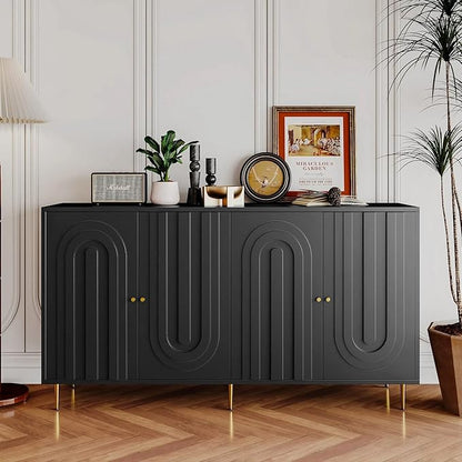 Modern Sideboard Buffet 60" Black Accent Cabinet, Entryway Table with Storage Wood Credenzas for Living Room Home Bar, 4 Doors & Adjustable Shelves
