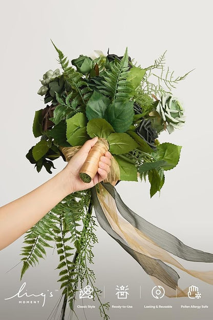 Ling's moment Forest Green Bridal Bouquet Cascading, Emerald Green Wedding Bouquets for Bride, 13 Inch Bride Bouquets for Wedding Artificial Flowers Bouquets