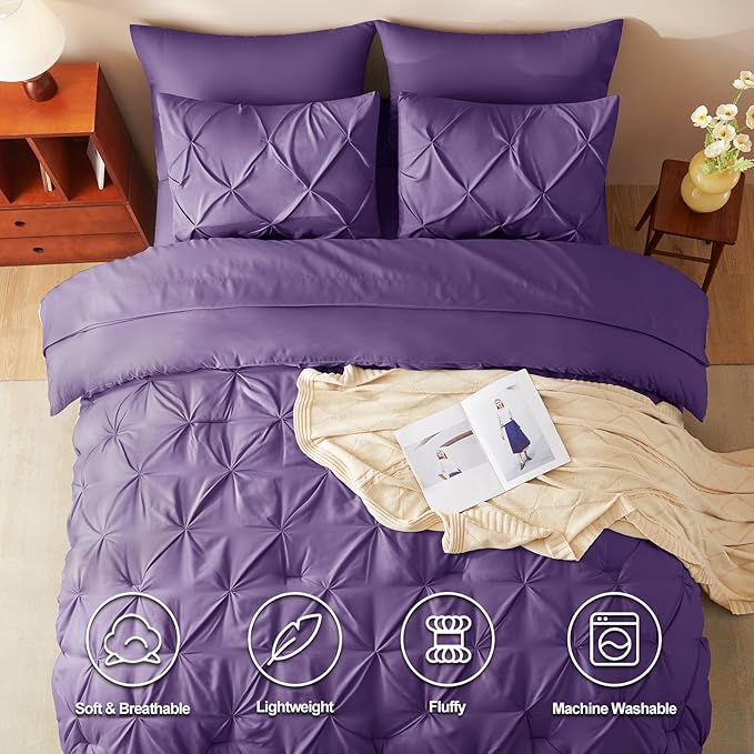 CozyLux Queen Comforter Set Purple, 7 Pieces Pintuck Bed in A Bag, Premium Purple Comforter Queen Size, Pinch Pleat Bedding Sets with Comforter, Sheets, Pillowcases & Shams