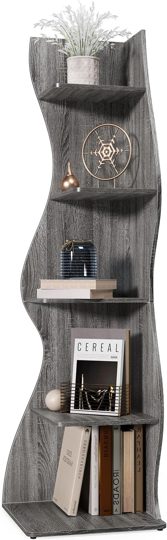 LITTLE TREE 70-Inch Corner Shelf, Seaweed Shaped Etagere Display Bookshelf, Freestanding 5-Tier Wall Shelves for Small Spaces, Living Room, Bedroom, Grey, 1 Pack