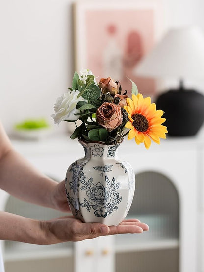 Blue and White Vase, Vintage Blue Ceramic Flower Vessel,Ceramic vases for Home Decor,Vintage Green and Beige for Console Table Mantle Chinoiserie Decor (Retro-02, Small)