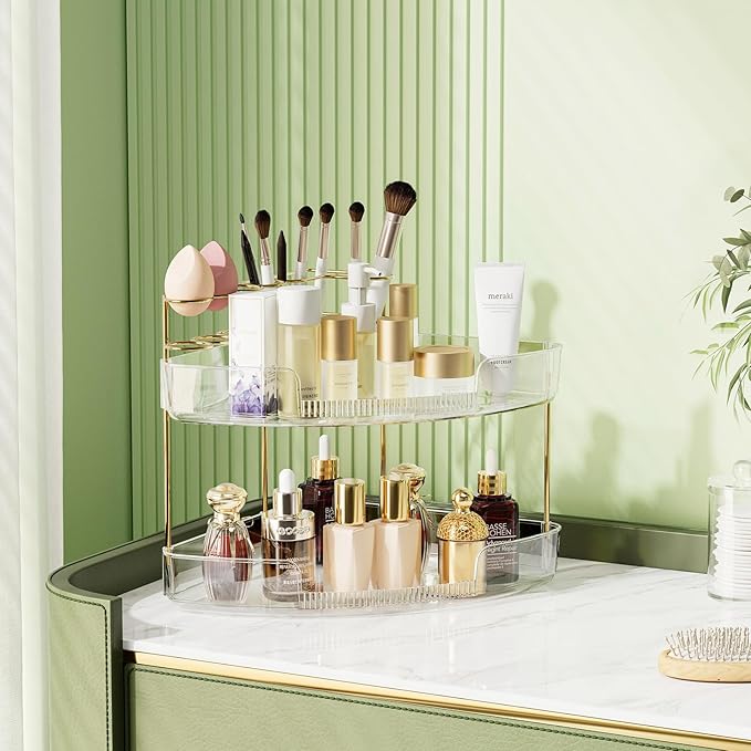 FELIZHOUSE 2-Tier Makeup Organizer for Vanity & Bathroom Countertop – Acrylic Storage Shelf with Perfume Makeup Brush Holder, Tool-Free Installation, Design for Bathroom & Dresser - Clear