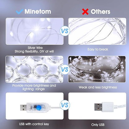 Minetom Curtain Lights, 300 LED Dimmable Fairy Lights with Remote and Timer, 8 Modes, USB Powered String Lights for Room Wall Party Xmas Indoor Decor, White