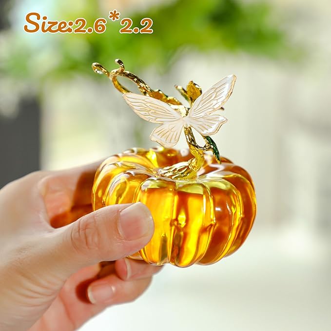 HDCRYSTALGIFTS 2.5inch Glass Pumpkin Figurines Collectibles Table Accent for Fall & Harvest, Hand Blown Glass Pumpkin Art Decorations for Home Thanksgiving