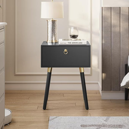 Bme Alden Wood Bedside Table Solid Wood End Table Mid Century Modern Nightstand, Side Table with 1 Drawer, Black