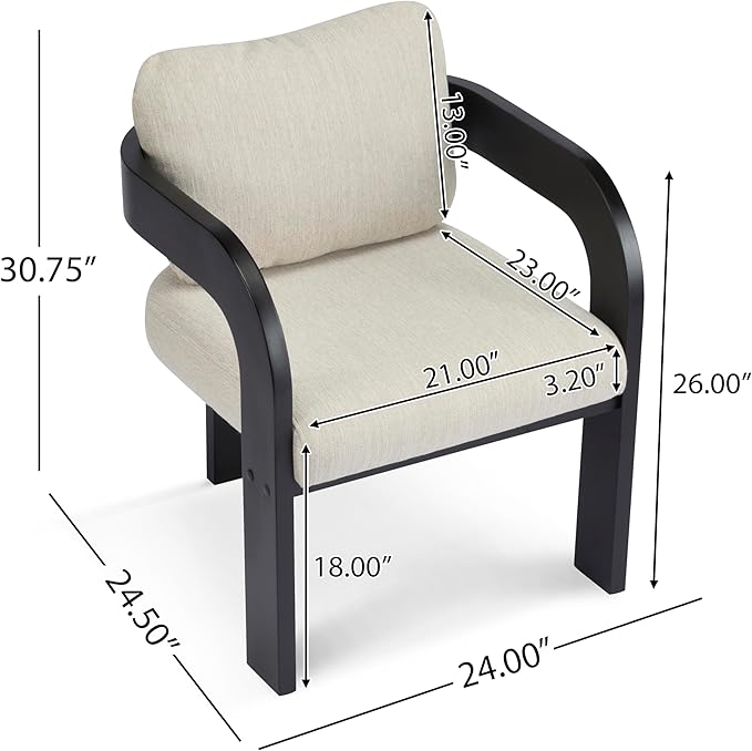 Christopher Knight Home Yorick Modern Dining Chair Set of 2 with Cushion, Solid Wood Dining Room Set, Curved Backrest Kitchen Side Chair, Living Room Comfy Extra Seat, Black+Beige