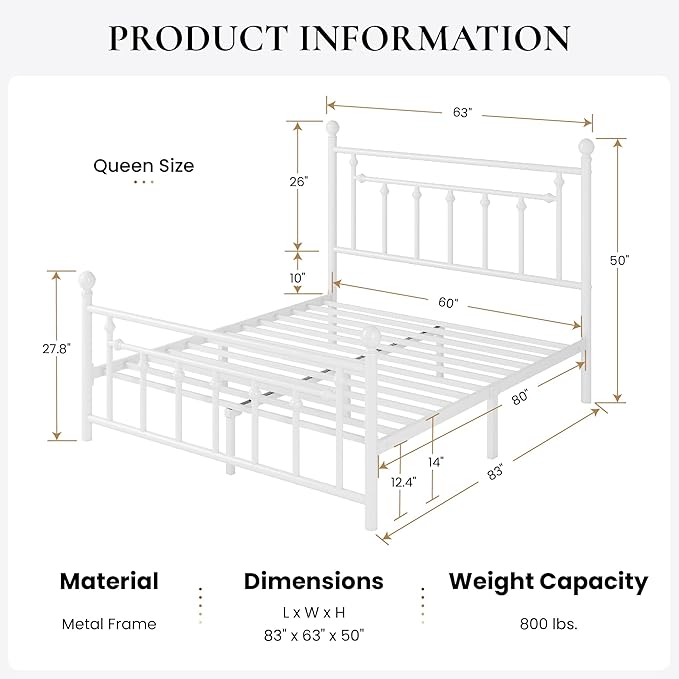SHA CERLIN 14'' Queen Size Metal Platform Bed Frame/Victorian Headboard and Footboard/Steel Slats Mattress Foundation for Storage/No Box Spring Needed/Noise Free/White