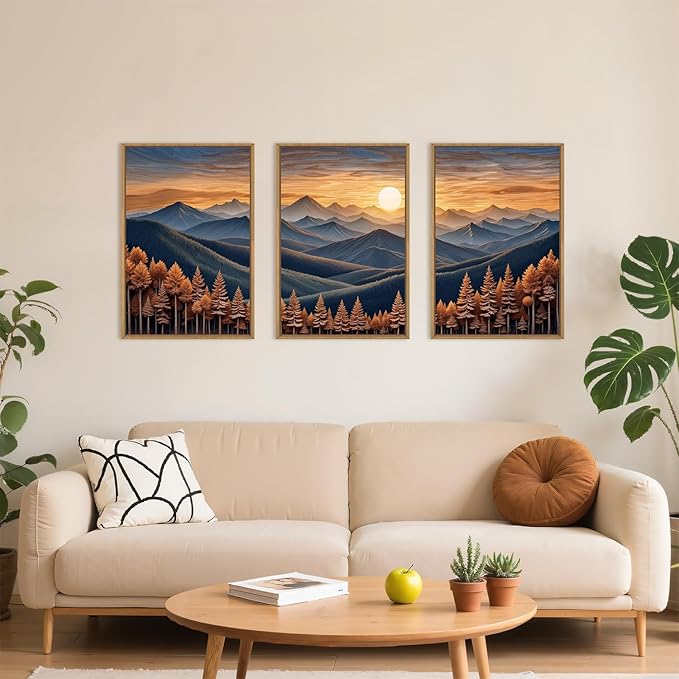 HOURIA Large Woodland Mountain Sunset Framed Canvas Wall Art Set,Wilderness Wooden Forest Landscape Wall Decor,Nature Botanical Artwork,Boho Pine Tree Art Print for Living Room,Bedroom- 16"x24"x3