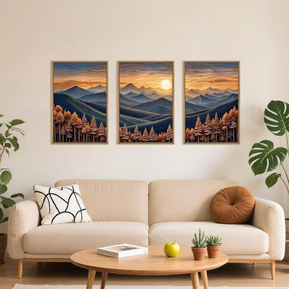 HOURIA Large Woodland Mountain Sunset Framed Canvas Wall Art Set,Wilderness Wooden Forest Landscape Wall Decor,Nature Botanical Artwork,Boho Pine Tree Art Print for Living Room,Bedroom- 16"x24"x3