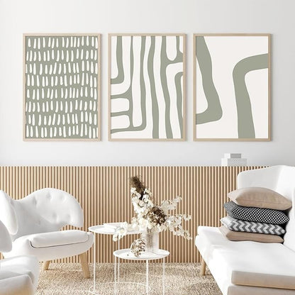 Minimalist Neutral Wall Art Decor Sage Green Boho Canvas Poster Abstract Modern Painting Wall Art Mid Century Beige Pictures Prints Gallery Line Wall Art for Bedroom 16x24 Inch Unframed Set of 3