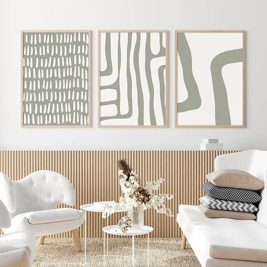 Minimalist Neutral Wall Art Decor Sage Green Boho Canvas Poster Abstract Modern Painting Wall Art Mid Century Beige Pictures Prints Gallery Line Wall Art for Bedroom 16x24 Inch Unframed Set of 3