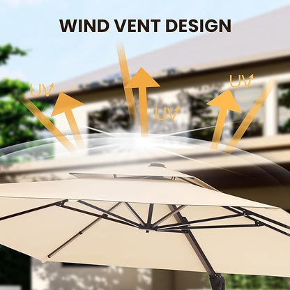 9' X 12' Cantilever Patio Umbrella Outdoor with Base Included Heavy Duty Double Top Windproof Rectangle Offset Umbrellas with 360-degree Rotation for Pool Deck Backyard, Beige