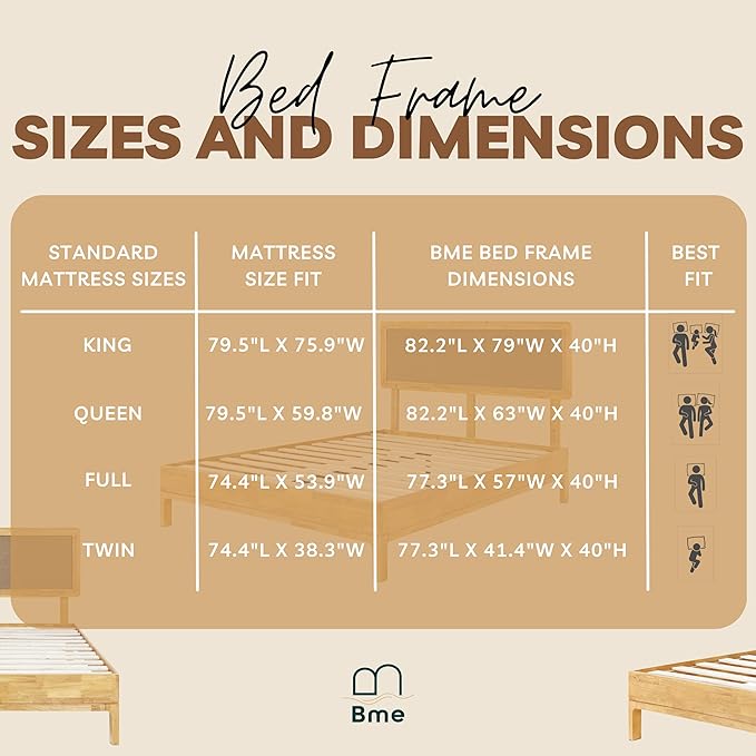 Bme Nipe 14 Inch Bohemian Bed Frame with Adjustable Woven Headboard - Rustic & Vintage Unique Style with Acacia Wood - No Box Spring Needed - Easy Assembly - Twin, Natural