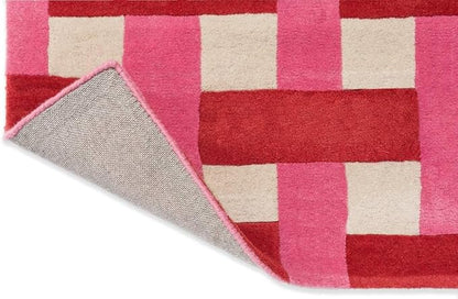 Hand-Tufted Wool Checkered Area Rug 2.5x9 Ft (Runner) – Pink Red Basketweave Carpet for Living Room, Bedroom, Playroom – Soft Plush Texture, Modern Artistic Floor Décor