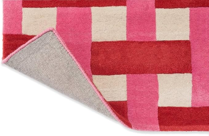 Hand-Tufted Wool Checkered Area Rug 5x7 Ft – Pink Red Basketweave Carpet for Living Room, Bedroom, Playroom – Soft Plush Texture, Modern Artistic Floor Décor