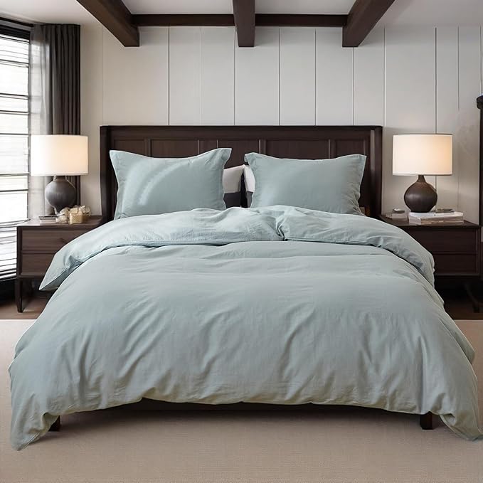 Simple&Opulence 100% Linen Duvet Cover Set, 3 PCS Natural French Flax Dusty Blue Duvet Cover Full Size, Breathable Soft Comfy Linen Bedding Comforter Cover with 2 Pillowcases(Dusty Blue, 78"x86")