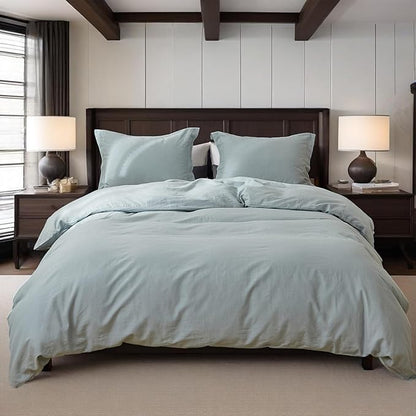 Simple&Opulence 100% Linen Duvet Cover Set, 3 PCS Natural French Flax Dusty Blue Duvet Cover Full Size, Breathable Soft Comfy Linen Bedding Comforter Cover with 2 Pillowcases(Dusty Blue, 78"x86")
