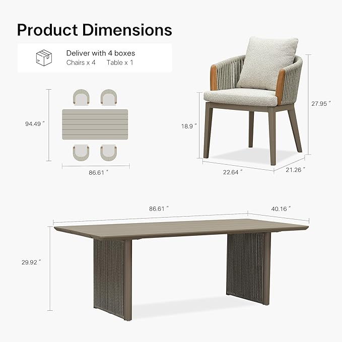 PURPLE LEAF Outdoor Dining Table Set of 5, Aluminum Outdoor Patio Table and Chairs Set with Olefin Cushions, Patio Furniture Set for Garden or Deck, Beige