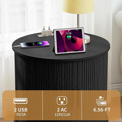 24" Fluted Round Nightstand Set of 2, Mid-Century Large Wooden End Table with Charging Station, Modern Storage Side Table with Sliding Door for Bedroom Living Room (2XRound, Black)