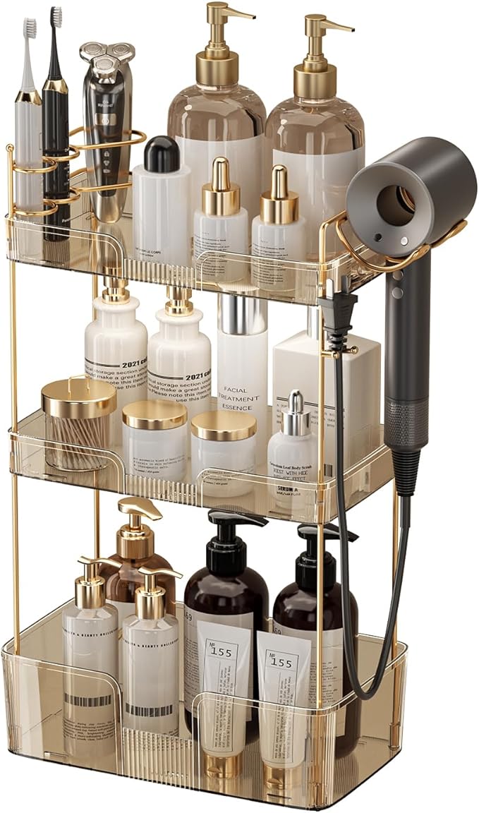 3 Tier Bathroom Organizer Countertop Makeup Perfume Skincare Organizer Comes with Hair Dryer Rack and Toothbrush Holder for Bathroom Dresser Vanity (Gold)
