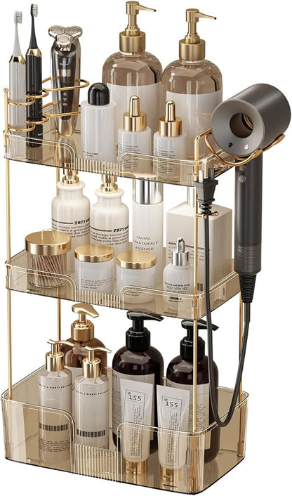 3 Tier Bathroom Organizer Countertop Makeup Perfume Skincare Organizer Comes with Hair Dryer Rack and Toothbrush Holder for Bathroom Dresser Vanity (Gold)