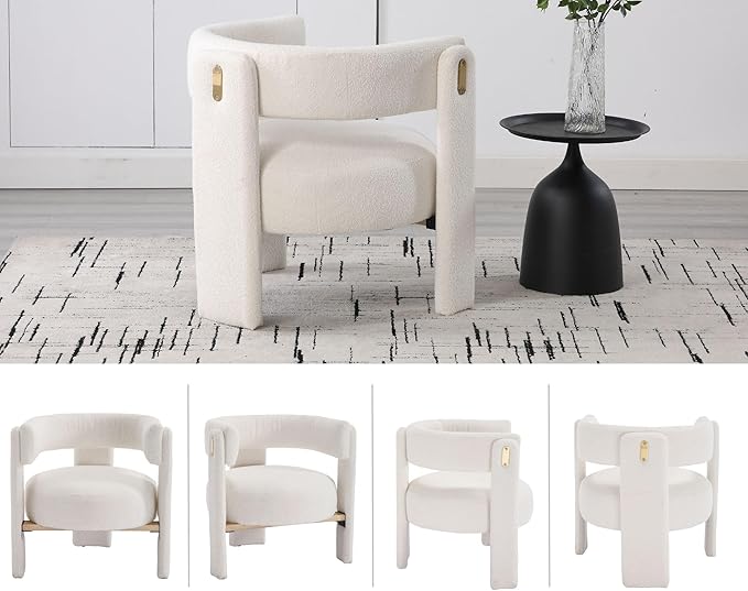 White Boucle Barrel Accent Chair, Comfy Upholstered Living Room Chair Mid-Century Modern Reading Chair with Open Back Round Corner Armchair, Side Sitting Lounge Chair for Bedroom/Office
