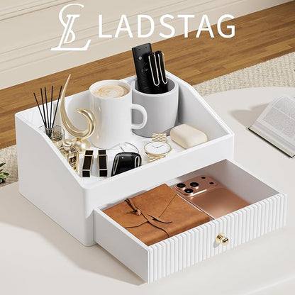 Desk Accessories,Beige White Vegan Leather Office Organizer with 1 Drawer & Tray,Pen Holder with Gold-Tone Metal Accents Knob,Bedroom.