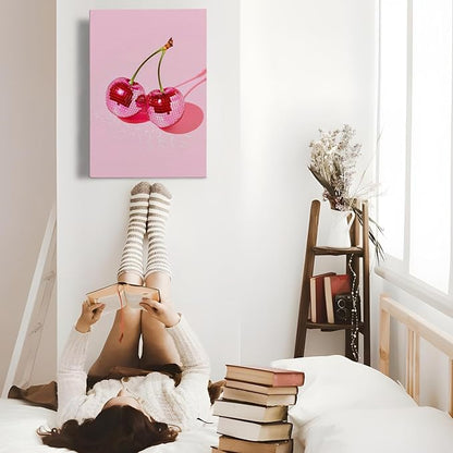 APJYM Trendy Hot Pink Disco Ball Cherry Wall Art, Preppy Room Decor, Y2K Room Decor, Funky Y2K Aesthetic Wall Art for Girls Bedroom Dorm Apartment, 16x24 Inches Framed