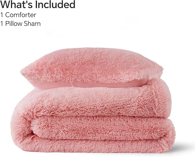 BEDELITE Pink Fluffy Comforter Set Twin Size, Fuzzy Faux Fur Comforter Bedding Set, 2Pieces Soft Warm Shaggy Bed Set (1 Comforter & 1 Pillowcase) as Gifts for Women