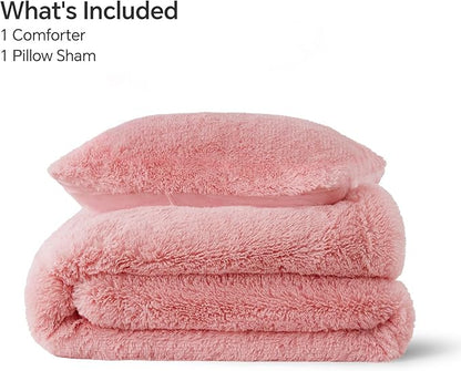BEDELITE Pink Fluffy Comforter Set Twin Size, Fuzzy Faux Fur Comforter Bedding Set, 2Pieces Soft Warm Shaggy Bed Set (1 Comforter & 1 Pillowcase) as Gifts for Women