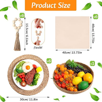 6 Sets Boho Placemats Round Woven Placemats, Cloth Napkins, Wood Bead Napkin Rings, Long Table Runner and Farmhouse Rustic Natural Burlap Cotton for Kitchen Dining Table Home (White)