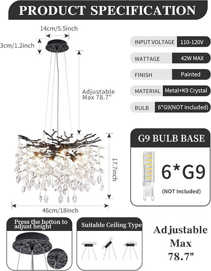 Modern Tree Branch Crystal Chandelier Luxury Black Crystal Pendant Lighting 18" Contemporary 6-Light Chandeliers for Dining Room Kitchen Bedroom Living Room