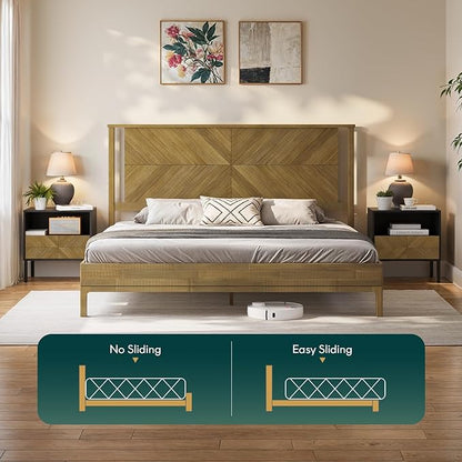 Bme Vivian 14 Inch Deluxe Bed Frame with Headboard, Rustic & Scandinavian Style with Solid Acacia Wood, No Box Spring Needed, 12 Strong Wood Slat Support, Easy Assembly, King, Rustic Seadrift