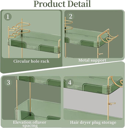 3 Tier Bathroom Organizer Countertop Makeup Perfume Skincare Organizer Comes with Hair Dryer Rack and Toothbrush Holder for Bathroom Dresser Vanity (Green)
