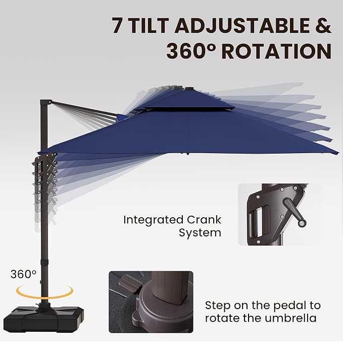 9' X 12' Cantilever Patio Umbrella Outdoor Heavy Duty Double Top Windproof Rectangle Offset Umbrellas with 360-degree Rotation for Pool Deck Backyard, Navy