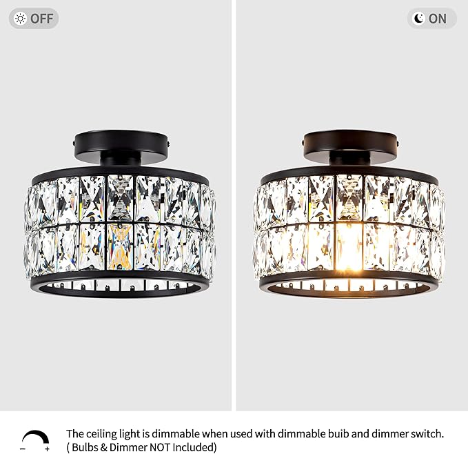Crystal Ceiling Light Fixture, Modern Semi Flush Mount Ceiling Light,Crystal for Kitchen Bedroom Bathroom Entryway, Black Finish