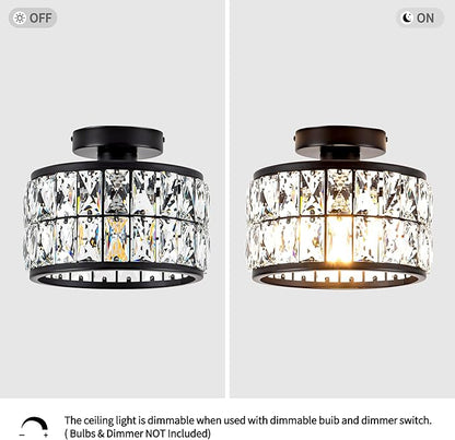 Crystal Ceiling Light Fixture, Modern Semi Flush Mount Ceiling Light,Crystal for Kitchen Bedroom Bathroom Entryway, Black Finish