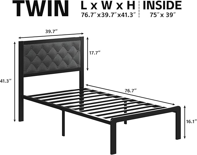 Twin Bed Frame with Headboard Linen Upholstered Bed Frame Platform,All Metal Slats Support Platform Bed Frame with Storage Space,Easy Assembly,Noise Free,No Box Spring Needed,Grey