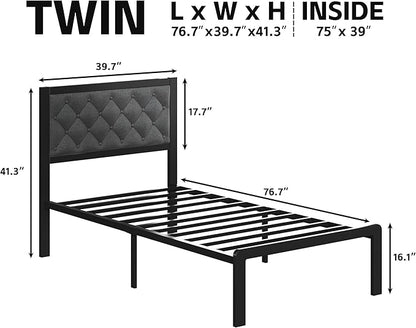 Twin Bed Frame with Headboard Linen Upholstered Bed Frame Platform,All Metal Slats Support Platform Bed Frame with Storage Space,Easy Assembly,Noise Free,No Box Spring Needed,Grey