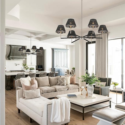 39" Boho Rattan Chandelier Large Adjustable Modern Black and Brushed Nickel Pendant Light for Kitchen Island Dining Living Room, UL Listed