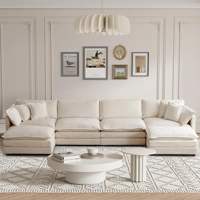 SoarFlash Chenille Sectional Sofa, Comfy L/U Shaped Modular Coush Sofa with Ottoman, Modern 4 Seat Couch Deep Seat Sofa Set for Living Room,Light Coffee