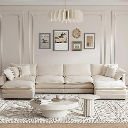 SoarFlash Chenille Sectional Sofa, Comfy L/U Shaped Modular Coush Sofa with Ottoman, Modern 4 Seat Couch Deep Seat Sofa Set for Living Room,Light Coffee