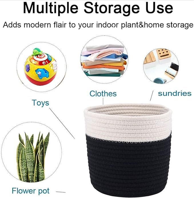 6.5 inch Planter Baskets for Indoor Planters Cotton Rope Flower Plant Pots Cover,Woven Storage Baskets for Crafts,Organization Modern Home Decor H6 3/4" x W6 1/2" Black&White