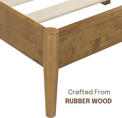 NTC Lupin Wooden Bed Frame with Headboard, Solid Oak and Rubber Wood Foundation with Silent Slats and Wood Central Supports, 1000 Lb Capacity, Queen - Teak Look