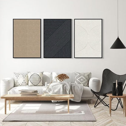 Modern Abstract Pictures Wall Art Boho Neutral Canvas Wall Art Minimalist Line Wall Decor Beige Black Brown Artwork Abstract Modern Painting Prints for Living Room Bedroom 16x24 Inch Framed Set of 3