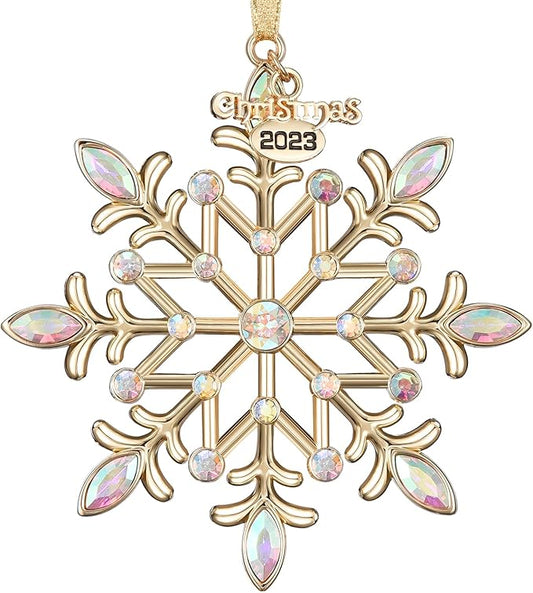 Christmas Snowflake Ornaments 2023 Decor for Christmas Tree Metal Hanging Rhinestones Glitter Crafts Snow Flake Decorations Indoor for Holidays Winter Home Window Room Door-Gold