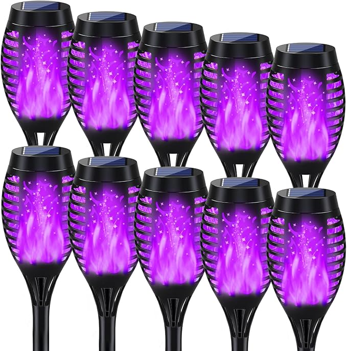 Outdoor Halloween Decorations, 10Pack Purple Flickering Flame Solar Torch Light for Yard Decorations, Waterproof Halloween Lights Outdoor, Solar Lights for Outside Decor Garden Patio Lawn Path Scary