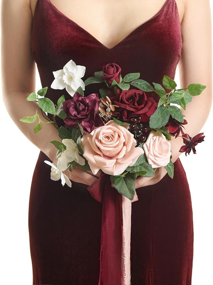Ling's moment Artificial Flowers Red Bridesmaid Bouquet, Red & Blush Wedding Flowers Bouquets for Bridesmaids, 7 Inch Bridal Bouquets for Bridesmaids, Wedding Decor, Anniversary, etc
