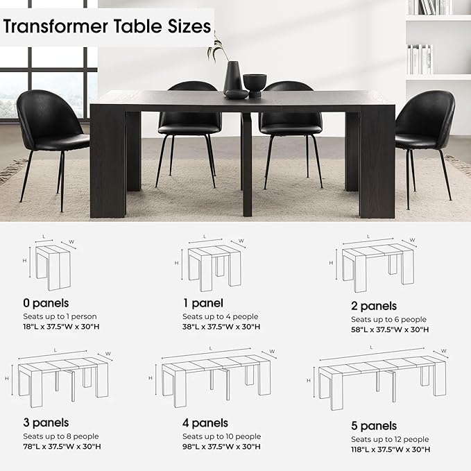 Transformer Expandable Dining Table for 2 to 12 with Coffee Table Panel Storage – Solid Wood Space-Saving Adjustable Dining Furniture (Black, Table + Coffee Table)